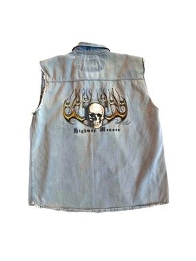 BIKER DESIGN USA ~ Light Wash Denim Vest with Skull and Flames Design size M